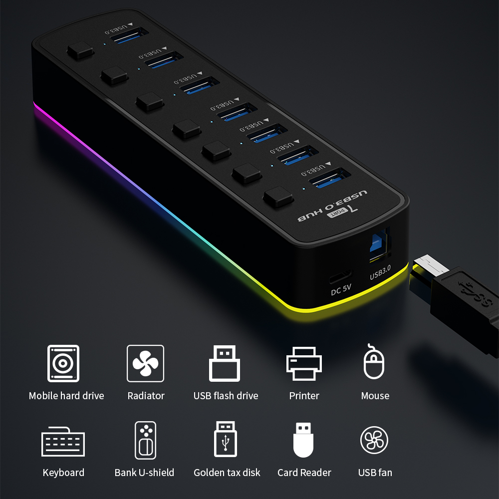 RGB USB 3.0 Hub 7 Ports Data P - Esports Gaming Splitter ulasan dan harga